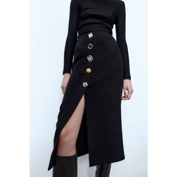 ZARA TEXTURED PENCIL SKIRT GOLD BUTTONS ZARA - Picture 2 of 11